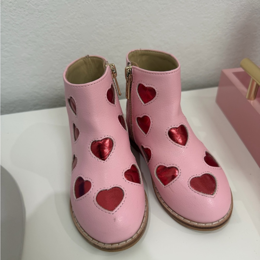 Janie and Jack Pink Ankle Boots with Red Heart Cutouts